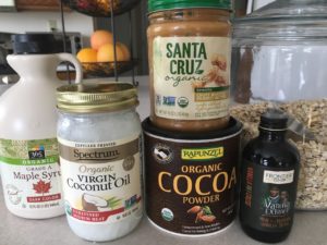 Organic Oats, real vanilla, organic fair trade cocoa, organic peanut butter, real maple syrup, coconut oil