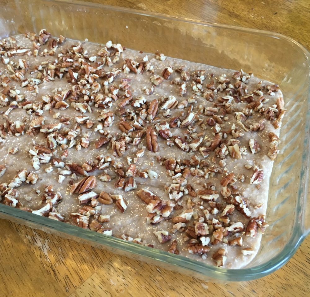 Sprinkle nuts on top of batter banana bread brownies