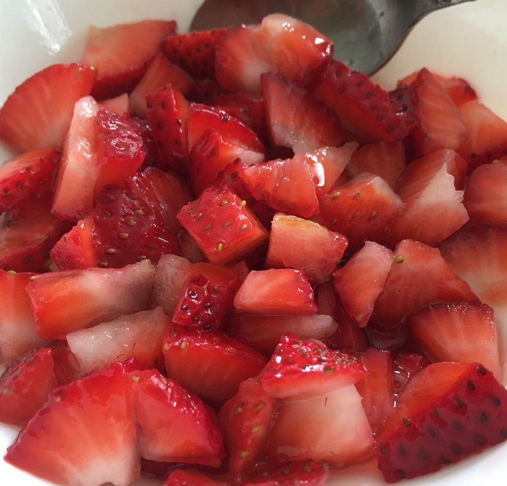 Fresh chopped organic strawberries mixed with real maple syrup